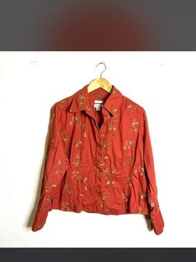Christopher & Banks Rust Red orange Embroidered Pearl Snap Jacket sz L cotton